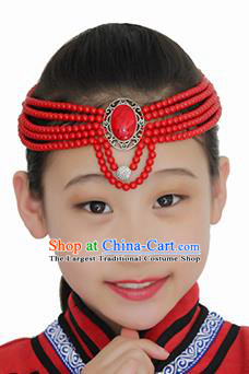 Chinese Mongolian Ethnic Red Beads Hair Accessories Traditional Mongol Nationality Folk Dance Headband for Kids
