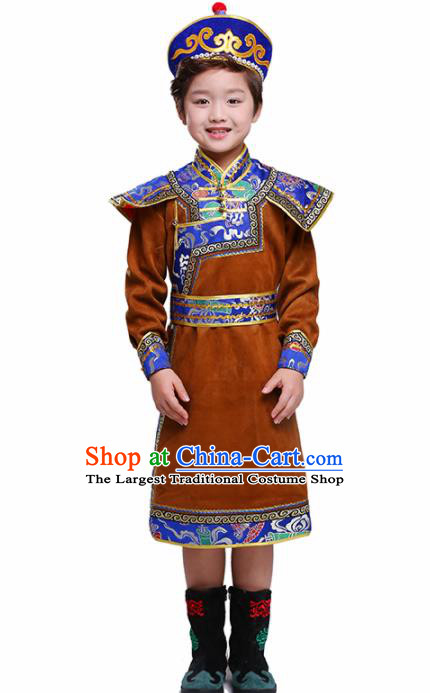Chinese Ethnic Costume Brown Mongolian Dress Traditional Mongol Nationality Folk Dance Clothing for Kids
