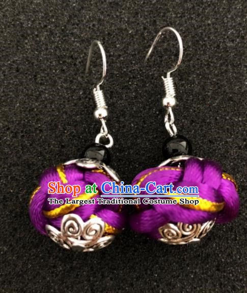 Traditional Chinese Mongol Nationality Purple Ball Ear Accessories Mongolian Ethnic Earrings for Women