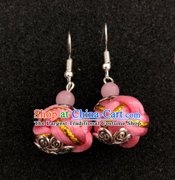 Traditional Chinese Mongol Nationality Pink Ball Ear Accessories Mongolian Ethnic Earrings for Women
