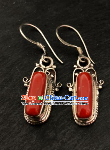 Traditional Chinese Mongol Nationality Red Ear Accessories Mongolian Ethnic Sliver Earrings for Women