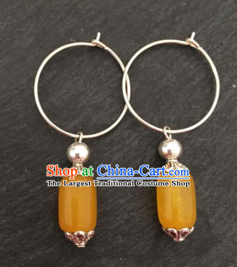 Chinese Mongol Nationality Yellow Chalcedony Ear Accessories Traditional Mongolian Ethnic Earrings for Women