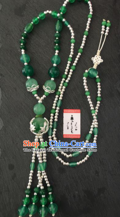 Chinese Mongol Nationality Green Chalcedony Tassel Necklet Accessories Traditional Mongolian Ethnic Necklace for Women