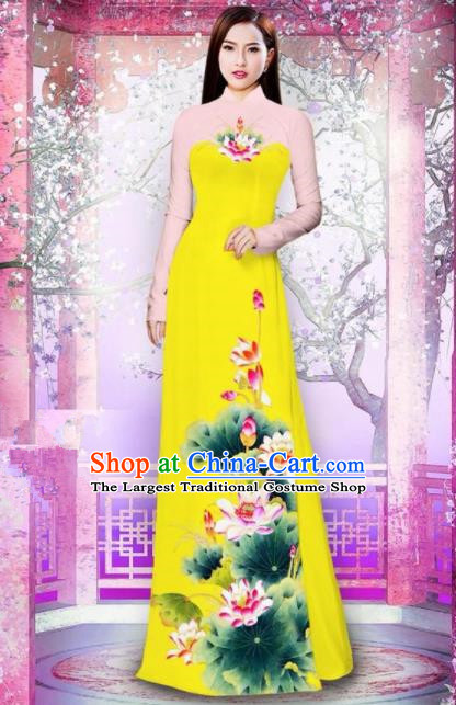 Vietnam Traditional National Printing Lotus Yellow Ao Dai Dress Asian Vietnamese Cheongsam for Women
