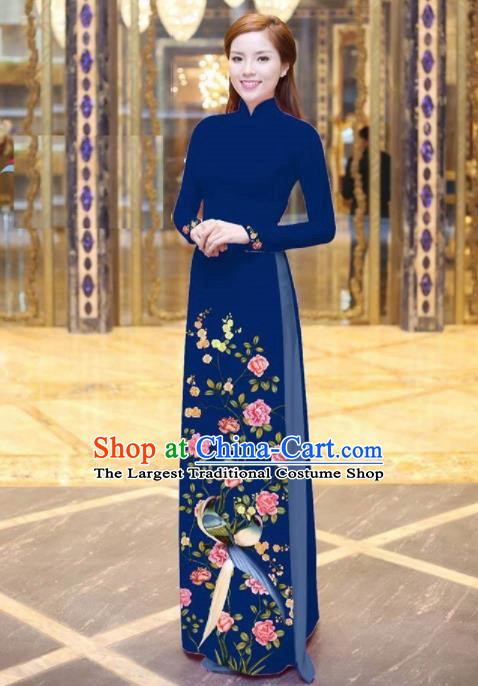 Vietnam Traditional National Printing Peony Birds Navy Ao Dai Dress Asian Vietnamese Cheongsam for Women