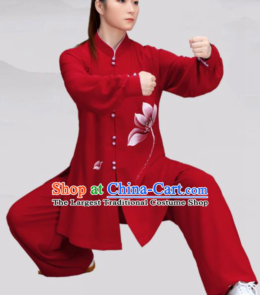 Chinese Traditional Martial Arts Red Costume Tai Ji Kung Fu Printing Lotus Clothing for Women