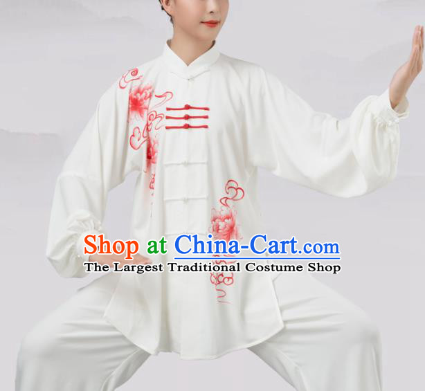 Traditional Chinese Martial Arts Competition Printing Red Peony Costume Tai Ji Kung Fu Training Clothing for Women