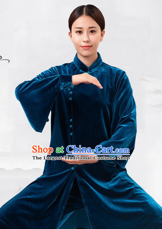 Traditional Chinese Martial Arts Competition Blue Velvet Costume Tai Ji Kung Fu Training Clothing for Women