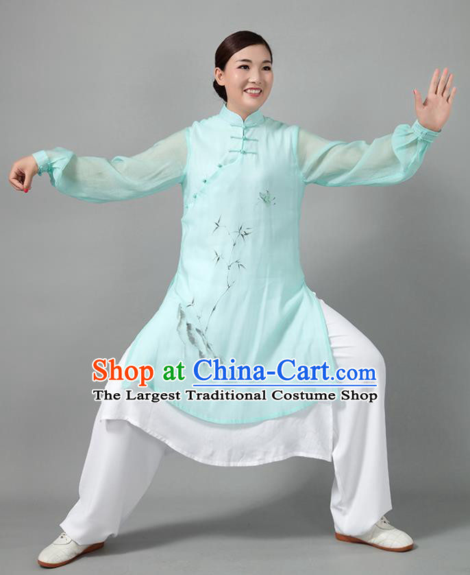 Traditional Chinese Martial Arts Printing Bamboo Green Costume Tai Ji Kung Fu Competition Clothing for Women