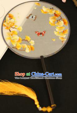 Chinese Traditional Embroidered Ginkgo Leaf Round Fans Classical Hanfu Palace Fans for Women
