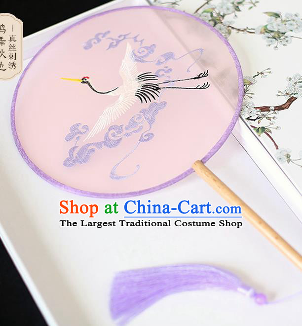 Chinese Traditional Embroidered Crane Pink Round Fans Classical Hanfu Palace Fans for Women