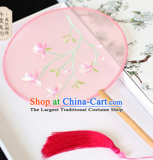 Chinese Traditional Embroidered Yulan Magnolia Pink Round Fans Classical Hanfu Palace Fans for Women