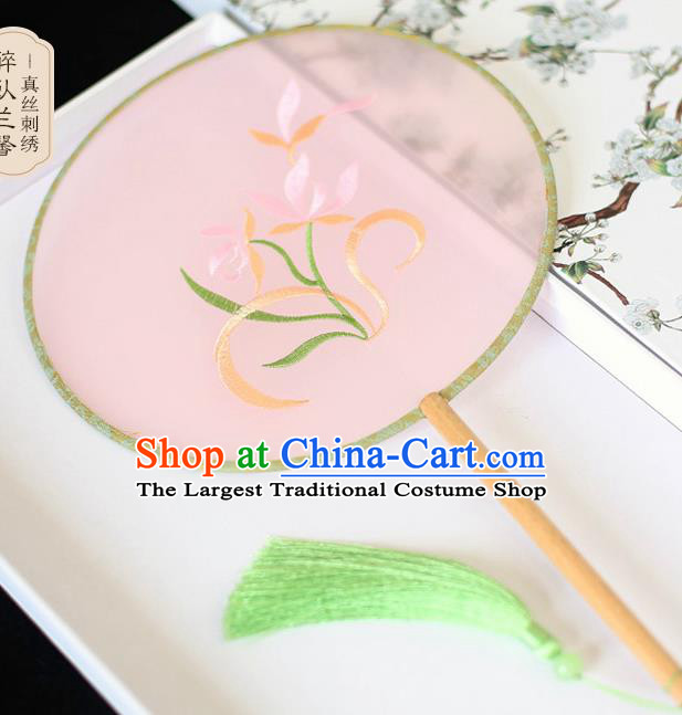Chinese Traditional Embroidered Orchid Pink Silk Round Fans Classical Hanfu Palace Fans for Women