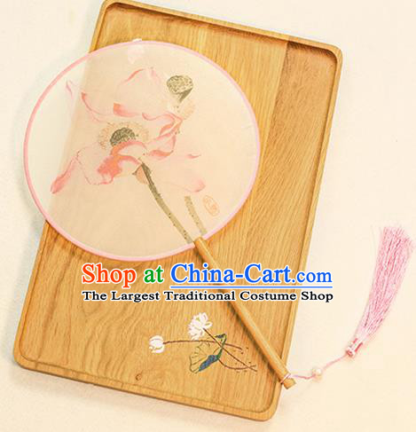 Chinese Traditional Printing Lotus Flowers Dance Silk Round Fans Handmade Classical Palace Fans for Women