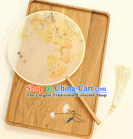 Chinese Traditional Printing Ginkgo Leaf Dance Silk Round Fans Handmade Classical Palace Fans for Women