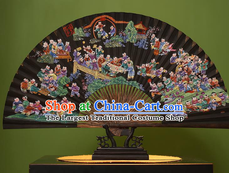 Chinese Traditional Handmade Bamboo Fans Classical Printing Hundred Children Folding Fans for Men