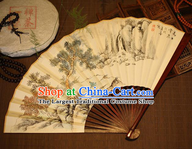 Chinese Traditional Handmade Printing Pine Xuan Paper Fans Classical Rosewood Folding Fans for Men