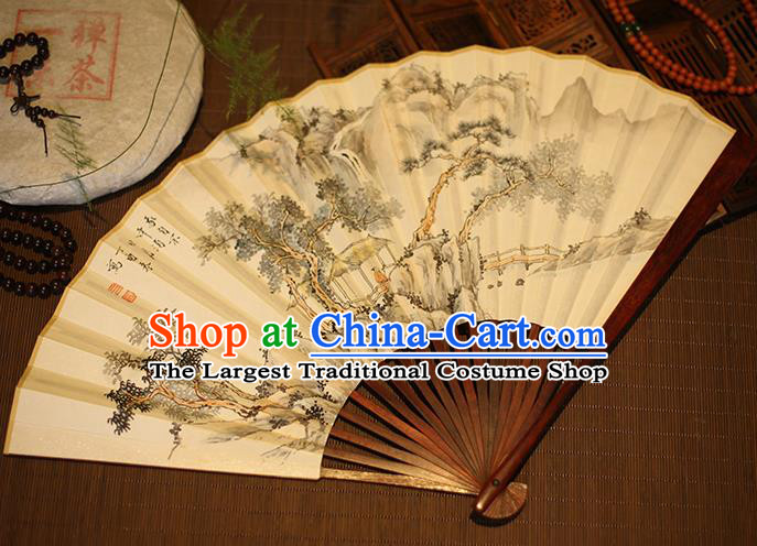 Chinese Traditional Handmade Printing Stone Pine Xuan Paper Fans Classical Rosewood Folding Fans for Men