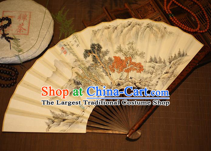 Chinese Traditional Handmade Printing Landscape Xuan Paper Fans Classical Rosewood Folding Fans for Men