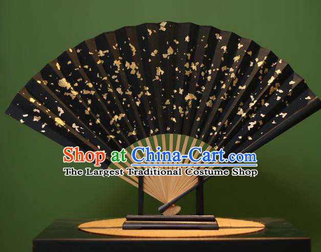 Chinese Traditional Handmade Gilding Black Xuan Paper Fans Classical Folding Fans for Men