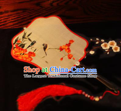 Chinese Traditional Handmade Embroidered Red Flowers Silk Fans Classical Palace Fans for Women