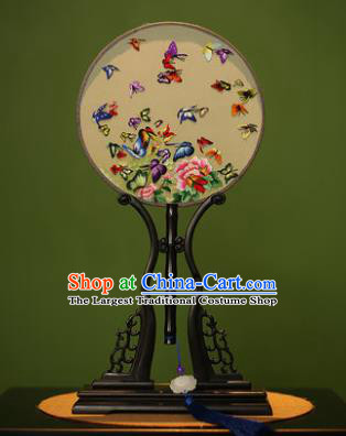 Handmade Chinese Traditional Double Side Silk Round Fan Classical Embroidered Butterfly Peony Palace Fans for Women