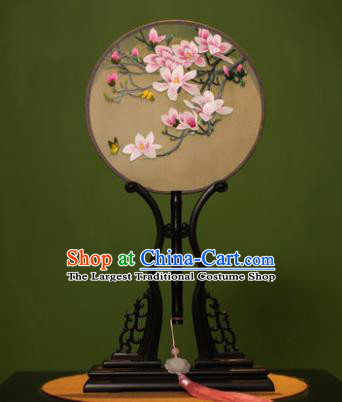 Handmade Chinese Double Side Silk Embroidered Magnolia Round Fan Traditional Classical Palace Fans for Women