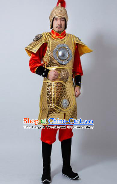 Chinese Ancient Drama Costume Han Dynasty General Golden Helmet and Armour Complete Set for Men