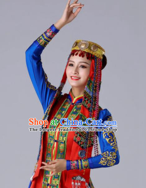 Chinese Traditional Ethnic Princess Costume Mongolian Nationality Folk Dance Blue Dress for Women