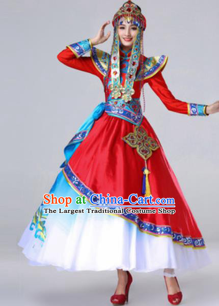 Chinese Traditional Ethnic Costume Mongolian Nationality Princess Folk Dance Red Dress for Women