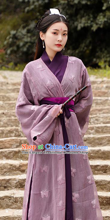 Chinese Ancient Swordswoman Purple Hanfu Dress Jin Dynasty Nobility Lady Princess Historical Costume for Women