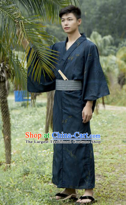 Japanese Traditional Handmade Printing Navy Kimono Robe Asian Japan Yukata Costume for Men