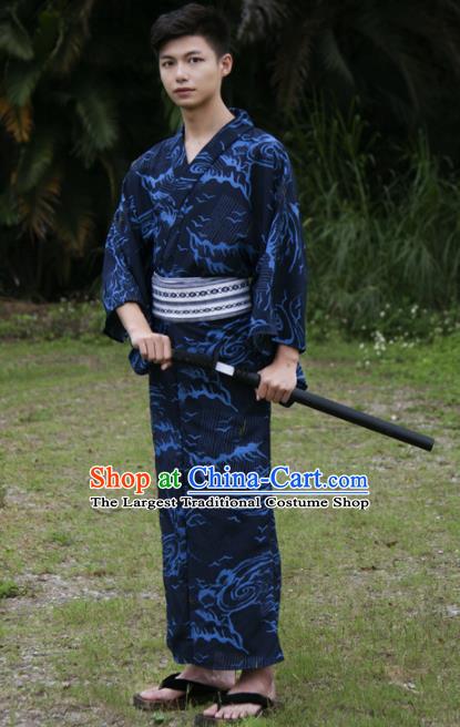 Japanese Traditional Handmade Navy Kimono Robe Asian Japan Warrior Yukata Costume for Men