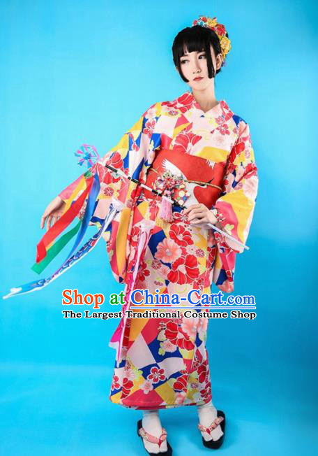 Japanese Traditional Handmade Printing Furisode Kimono Red Dress Asian Japan Geisha Yukata Costume for Women