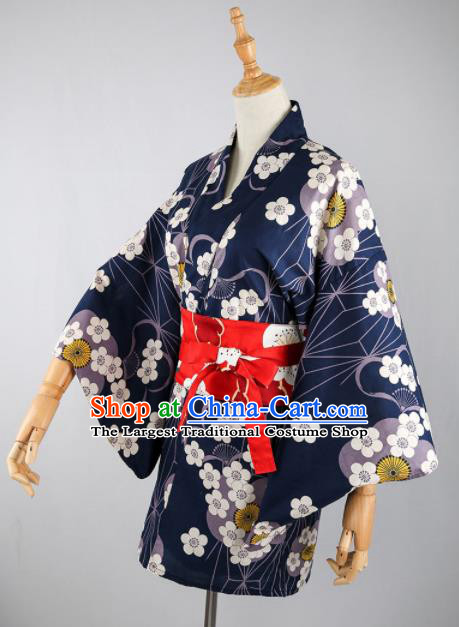 Japanese Traditional Handmade Printing Navy Kimono Dress Asian Japan Geisha Yukata Costume for Women