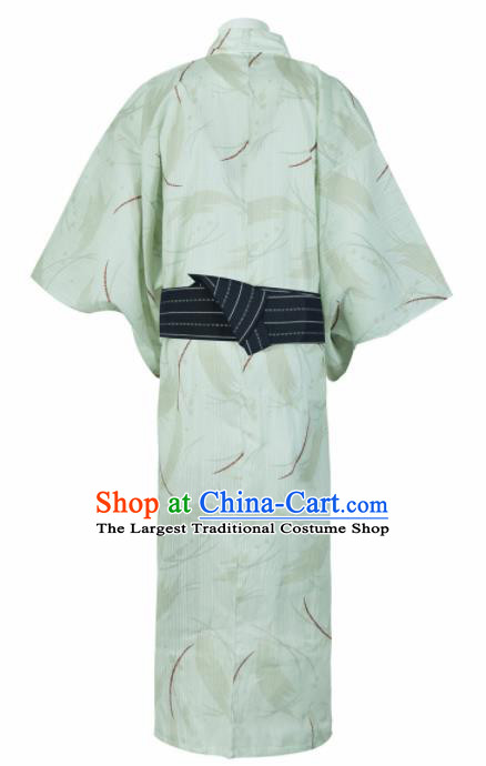 Japanese Traditional Samurai Printing Green Kimono Robe Asian Japan Handmade Warrior Yukata Costume for Men