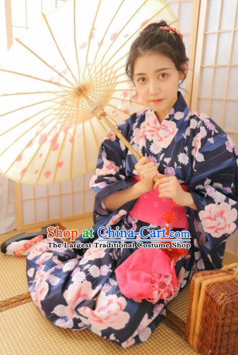 Japanese Traditional Handmade Printing Peony Furisode Kimono Navy Dress Asian Japan Geisha Yukata Costume for Women