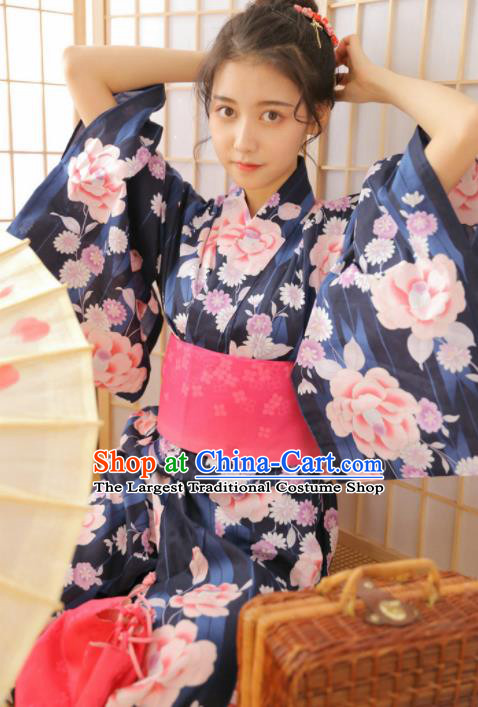 Japanese Traditional Handmade Printing Peony Furisode Kimono Navy Dress Asian Japan Geisha Yukata Costume for Women