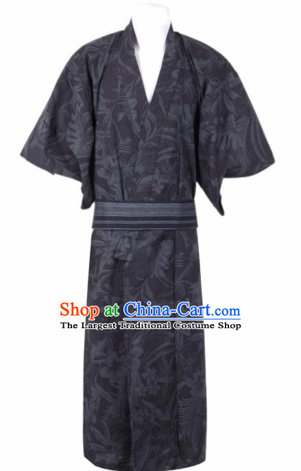 Traditional Japanese Samurai Printing Flowers Black Kimono Robe Asian Japan Handmade Warrior Yukata Costume for Men