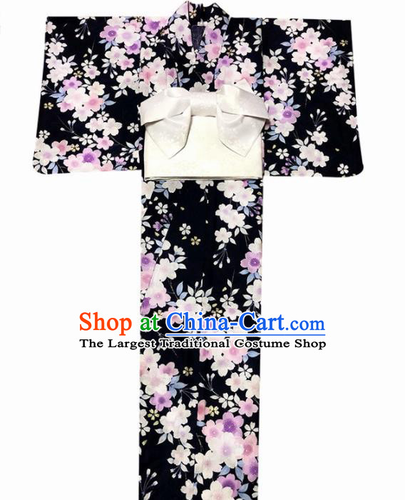 Japanese Traditional Handmade Printing Black Kimono Dress Asian Japan Geisha Yukata Costume for Women