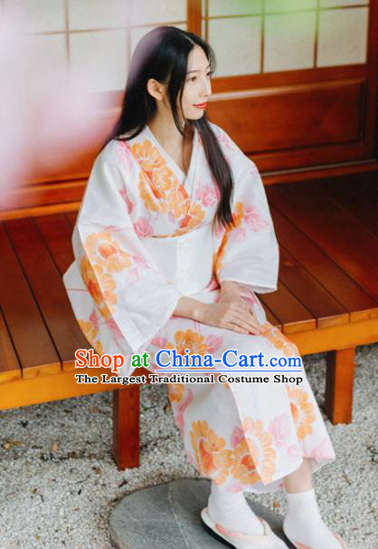 Japanese Traditional Handmade Printing Sunflowers White Kimono Dress Asian Japan Geisha Yukata Costume for Women