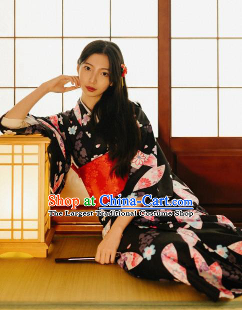 Japanese Traditional Handmade Printing Fan Black Kimono Dress Asian Japan Geisha Yukata Costume for Women