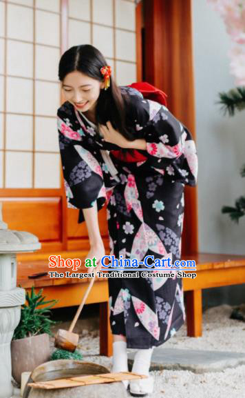 Japanese Traditional Handmade Printing Fan Black Kimono Dress Asian Japan Geisha Yukata Costume for Women