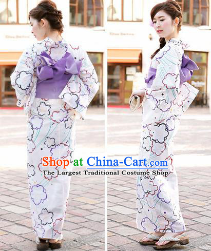 Japanese Traditional Handmade Printing Sakura White Kimono Dress Asian Japan Geisha Yukata Costume for Women