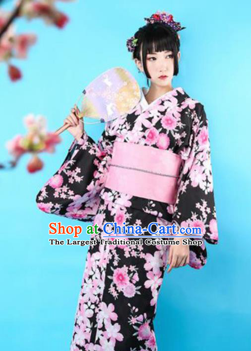 Japanese Traditional Handmade Furisode Kimono Black Dress Asian Japan Geisha Yukata Costume for Women