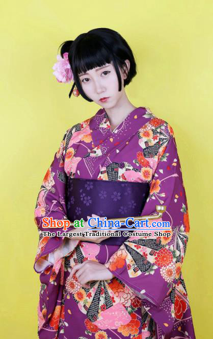 Japanese Traditional Handmade Furisode Kimono Purple Dress Asian Japan Geisha Yukata Costume for Women