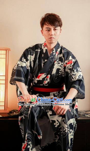 Japanese Traditional Handmade Kimono Asian Japan Black Yukata Costume for Men