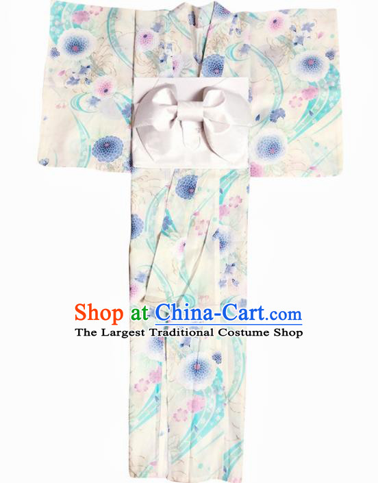 Handmade Japanese Geisha Printing Chrysanthemum White Furisode Kimono Dress Asian Japan Traditional Yukata Costume for Women