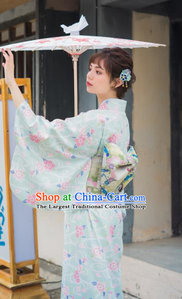 Handmade Japanese Traditional Costume Geisha Light Blue Furisode Kimono Dress Asian Japan Yukata for Women