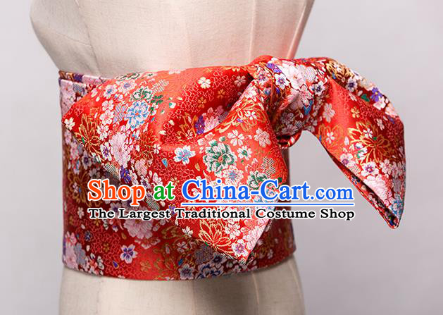 Japanese Traditional Handmade Kimono Embroidered Belts Asian Japan Geisha Yukata Red Brocade Waistband for Women